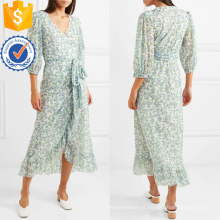 Envoltório De Malha Floral-Print Com Decote Em V Vestido De Manga De Três Quartos De Comprimento Fabricação Atacado Moda Feminina Vestuário (TA0275D)